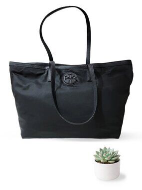Tory Burch Ella Nylon Tote Bag Black Large Shoulder Bag Leather Trim